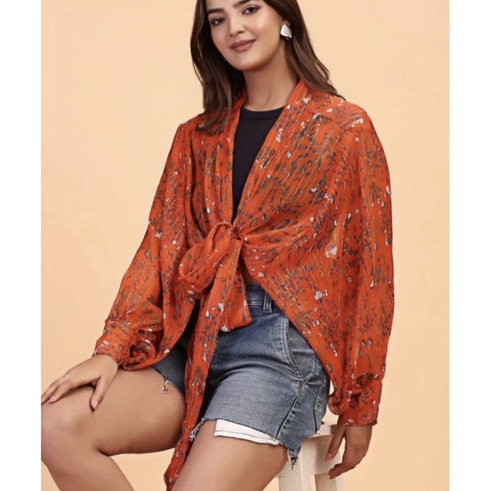 Free People Solitice Shimmer Tie Front Semi Sheet Blouse One Size Boho 209